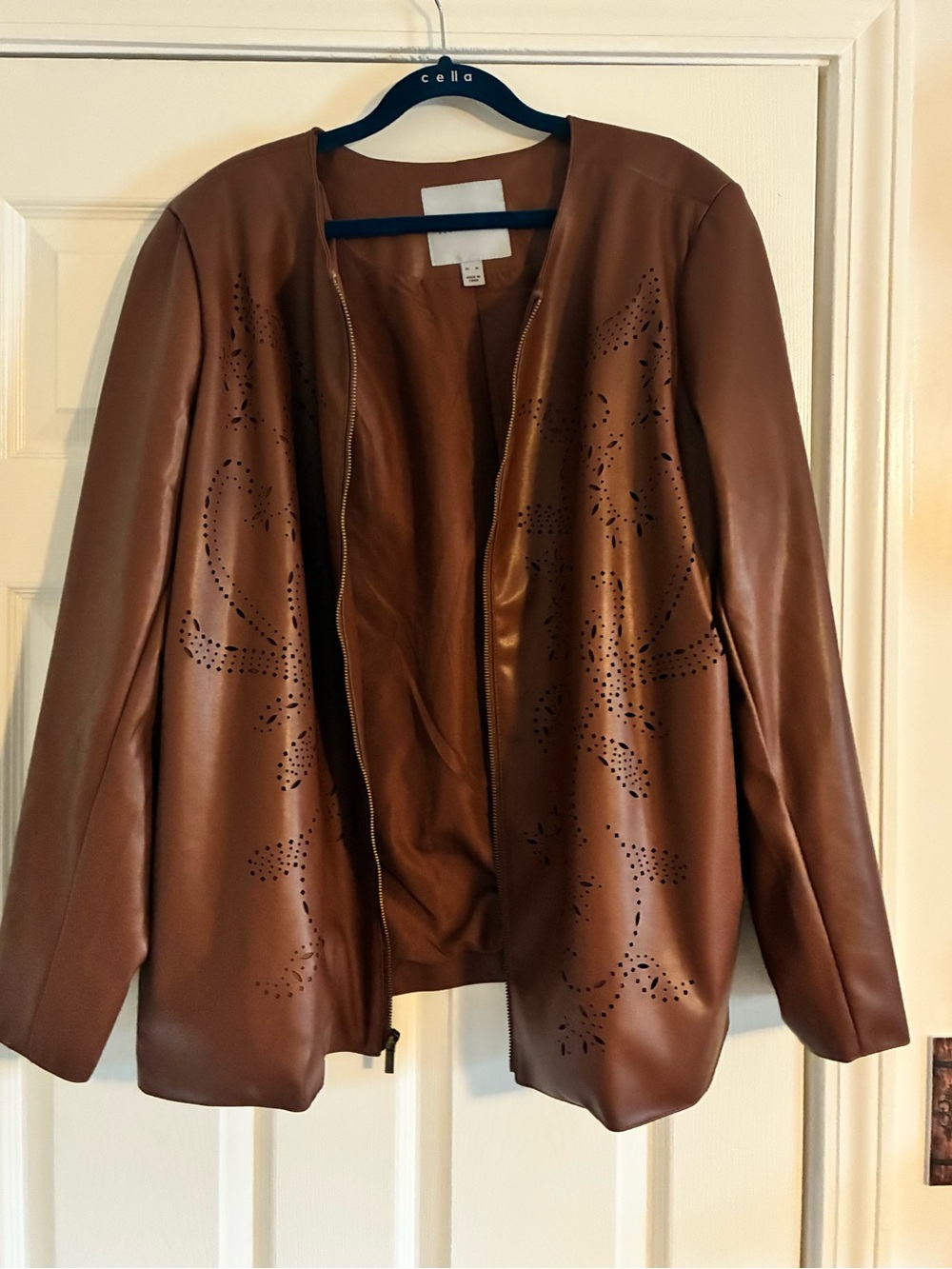 Susan Graver Brown Faux Leather  Zip Jacket with Laser Detail - Picture 3 of 4